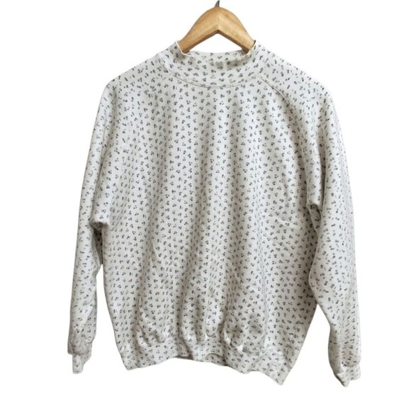Vintage White Cotton High Neck Sweatshirt Floral Print - Picture 1 of 6